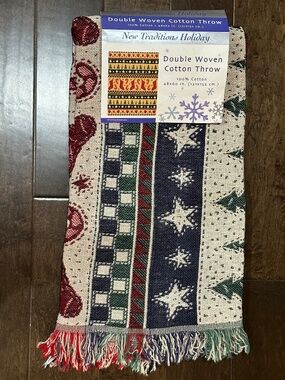 Vintage Sears Throw Blanket Christmas Holiday Double Woven Cotton 48" x 60"